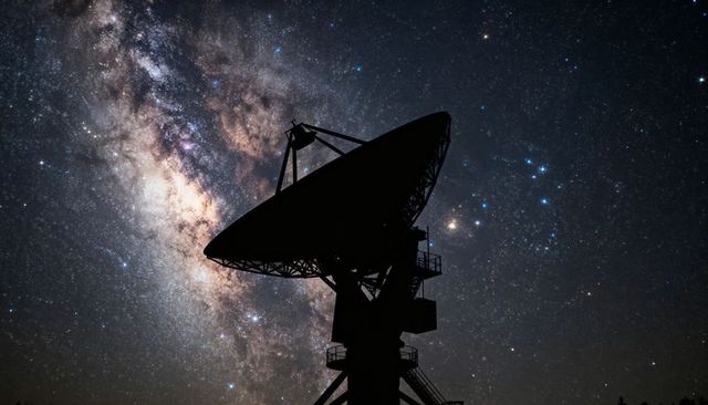 Receiving signals from deep space: radio dish silhouetting against milky way starfield