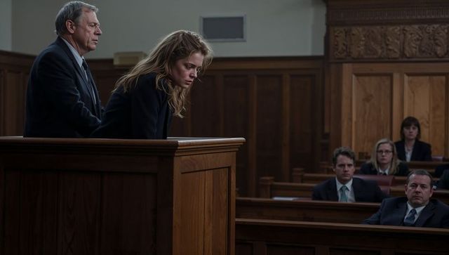 Somber woman leaning on witness stand during tense courtroom testimony