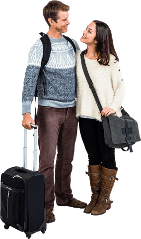 Cheerful Couple with Luggage in Warm Clothing Transparent Background