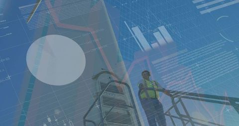 Engineer analyzing data overlaid on wind farm infrastructure setting