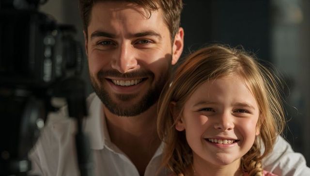 Father and daughter smiling while recording diy home video with dslr on tripod