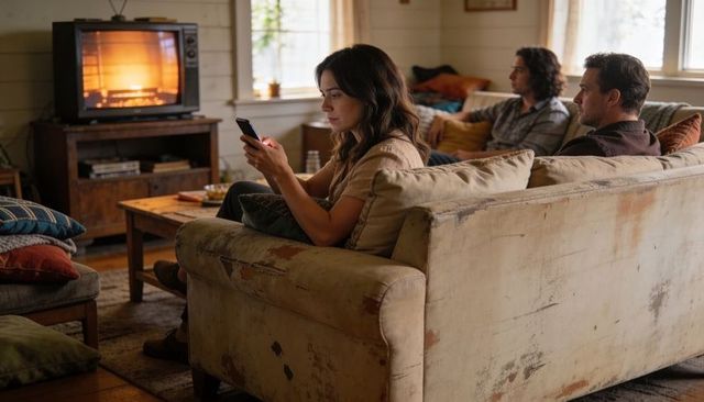 Woman scrolling smartphone on worn sofa in cozy rustic living room while friends watch tv