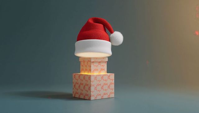Red santa hat balancing atop glowing stacked gift boxes, minimalist knit cap holiday
