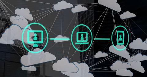 Cloud networking and technology icons in digital overlay