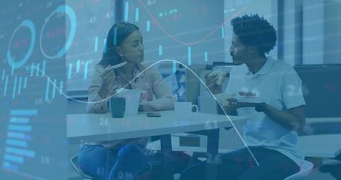 Coworkers Discussing Data with Tech Overlay During Break