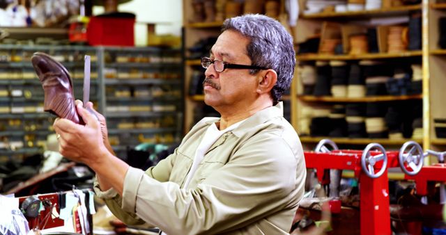 Experienced Cobber Craftsman Examining a Finished Shoe in Workshop - Download Free Stock Photos Pikwizard.com