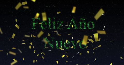 Feliz Año Nuevo with Fireworks and Gold Confetti in Night Sky