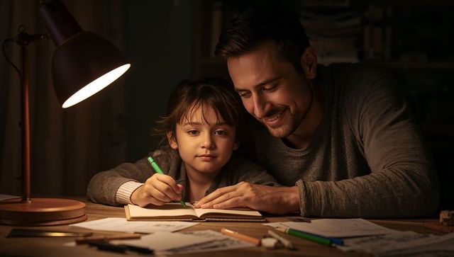 Father guiding child doing homework under warm desk lamp at wooden table, bonding