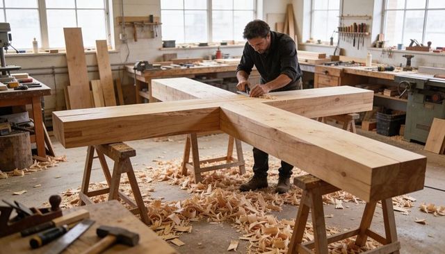 Carpenter handplaning massive timber cross beam in rustic workshop with wood shavings