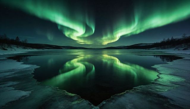 Emerald aurora curtains dancing over frozen lake with mirror reflection and starry sky