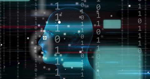 Futuristic holographic ai head moving through digital cyberspace with binary overlay