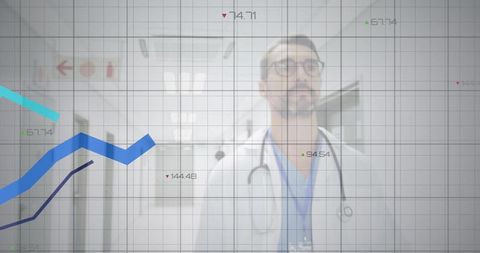 Doctor walking with data overlays in hospital corridor