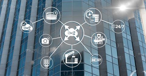 Digital Network Interface Over Modern Office Building - Download Free Stock Images Pikwizard.com