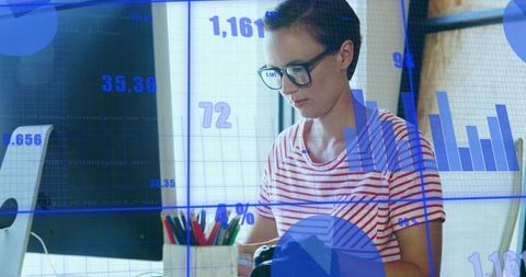 Woman with glasses analyzing data dashboard and charts at home office desk