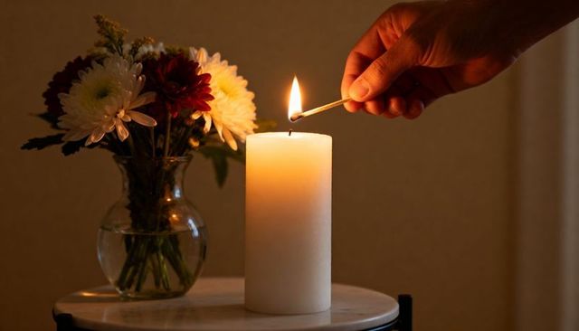 Hand Lighting Pillar Candle with Match Beside Vase of Chrysanthemums for Cozy Ambience