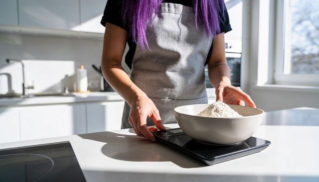Weighing flour on digital scale in sunlit modern home kitchen wearing gray apron