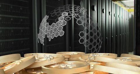 Concept of modern financial technology featuring digital currencies intertwined with global network signals over a backdrop of servers. Symbolizes intersection of technology, economy, and digital industries. Useful for topics related to fintech, cryptocurrency market trends, and digital transactions.
