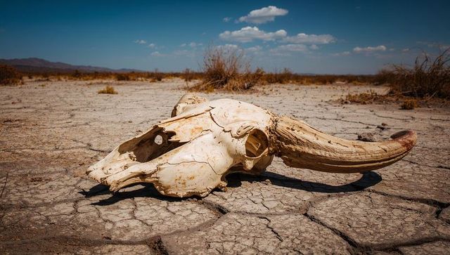 Bleached cattle skull with curved horn on cracked sunbaked desert playa under blue sky