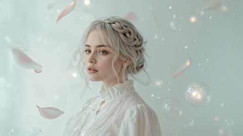 Ethereal beautiful lady with braided hair amidst floating petals and bubbles