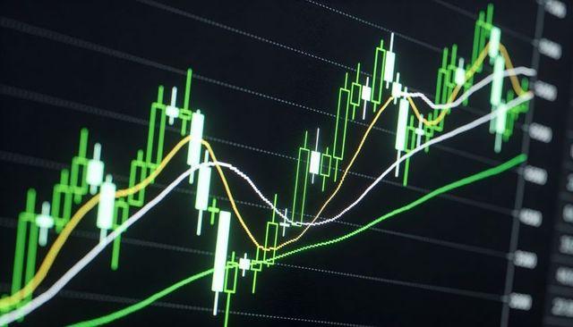 Green candlestick chart showing uptrend with moving averages on trading dashboard
