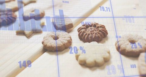 Butter cookies flatlay with blue data overlay for food analytics and marketing