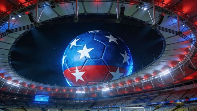 Giant star-adorned soccer ball hovering above stadium under dramatic night lights