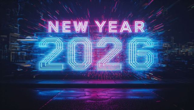 Futuristic Neon New Year 2026 Sign glowing cyan magenta on wet urban street at night