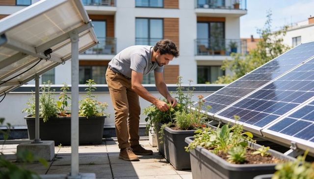 Urban rooftop gardener tending herb planters beside solar panels promoting green living