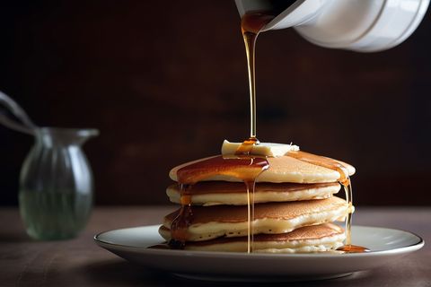 Delicious stack of pancakes with dripping maple syrup
