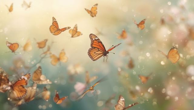 Monarch butterflies in sunlit meadow with bokeh, center butterfly flying right