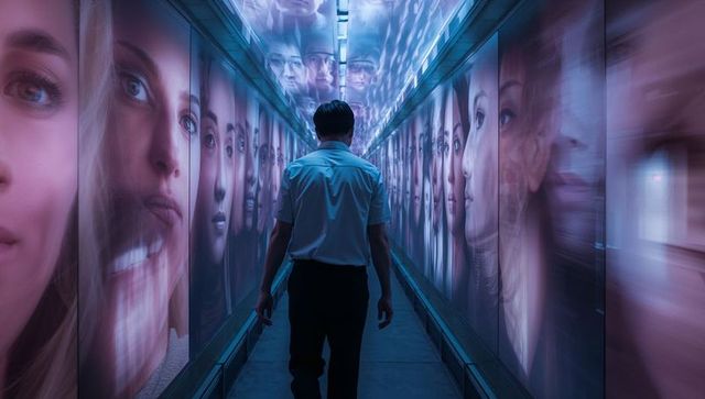 Man walking through futuristic corridor of giant faces and neon reflections