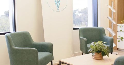 Sunlit calming clinic lobby with green armchairs, table and potted plant for wellness