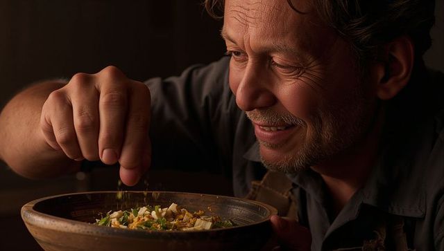 Chef sprinkling fresh herbs into wooden bowl, smiling under warm soft kitchen light