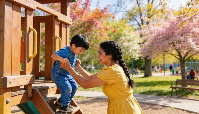 Mother helping toddler down wooden playground steps in sunny spring park