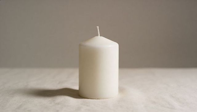 Ivory pillar candle sitting on textured cloth casting soft shadow