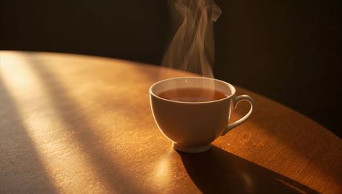 Steaming white cup of coffee on sunlit wooden table casting warm shadows
