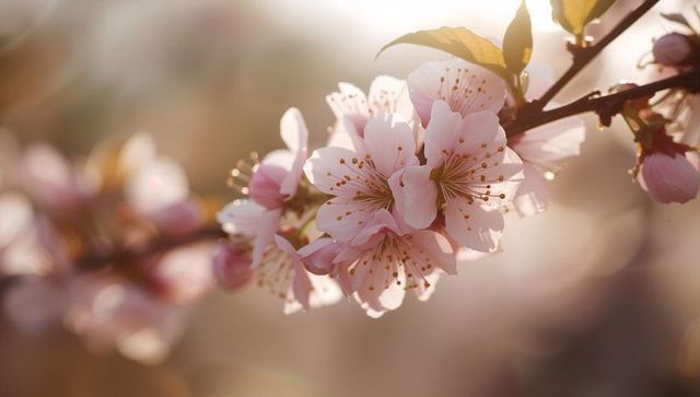 Backlit Pale Pink Cherry Blossom Cluster Blooming in Warm Golden Hour Light