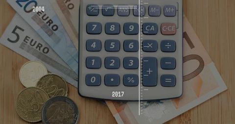 Handheld calculator resting on euro banknotes and coins with vertical timeline overlay