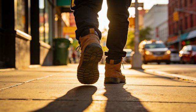 Sunlit urban boots walking on city sidewalk with taxi, long shadows and golden hour glow