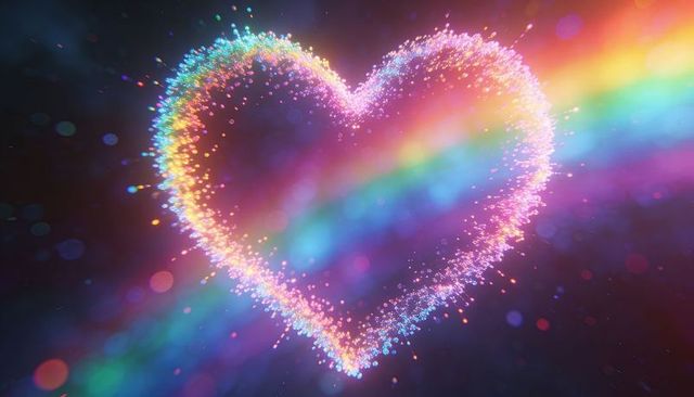 Glowing heart of colorful particles with diagonal rainbow beam and iridescent bokeh