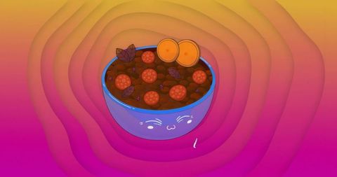 Kawaii bowl holding meatball stew with basil and bread in abstract art