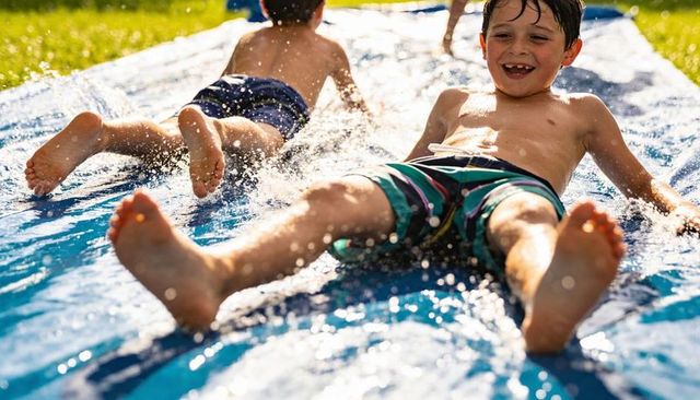 Boys sliding on slip-and-slide in sunny backyard splashing with laughter