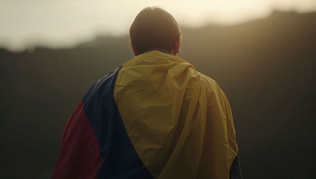 Man standing at sunset wearing tricolor flag draped over shoulders facing mountain ridge