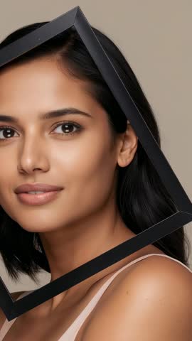 Vertical video framing face with black frame showcasing minimalist beauty and elegance
