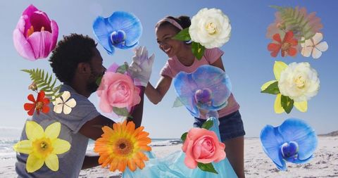 Happy Couple Picking Up Rubbish at Beach Surrounded by Flowers