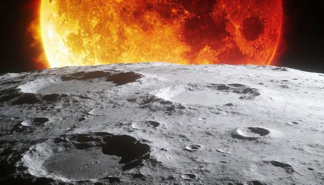 Lunar cratered plain revealing detailed regolith and deep impact basins under fiery star