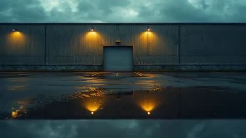 Moody Warehouse Evening with Reflections