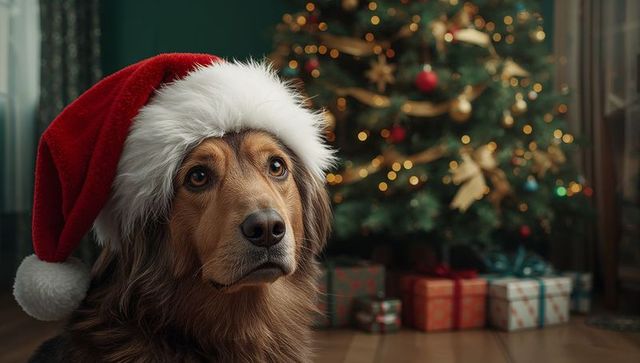 Festive brown dog wearing santa hat with christmas tree in background