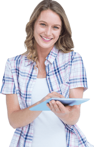 Smiling Woman Using Tablet with Transparent Background - Download Free Stock Videos Pikwizard.com