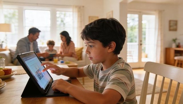 Elementary boy using tablet at dining table while family interacting in sunlit living room